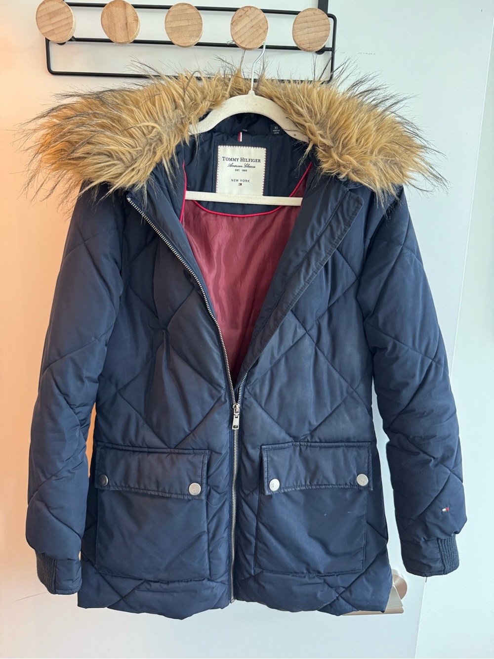 Tommy Hilfiger Navy Quilted Puffer Coat with Faux Fur Hood